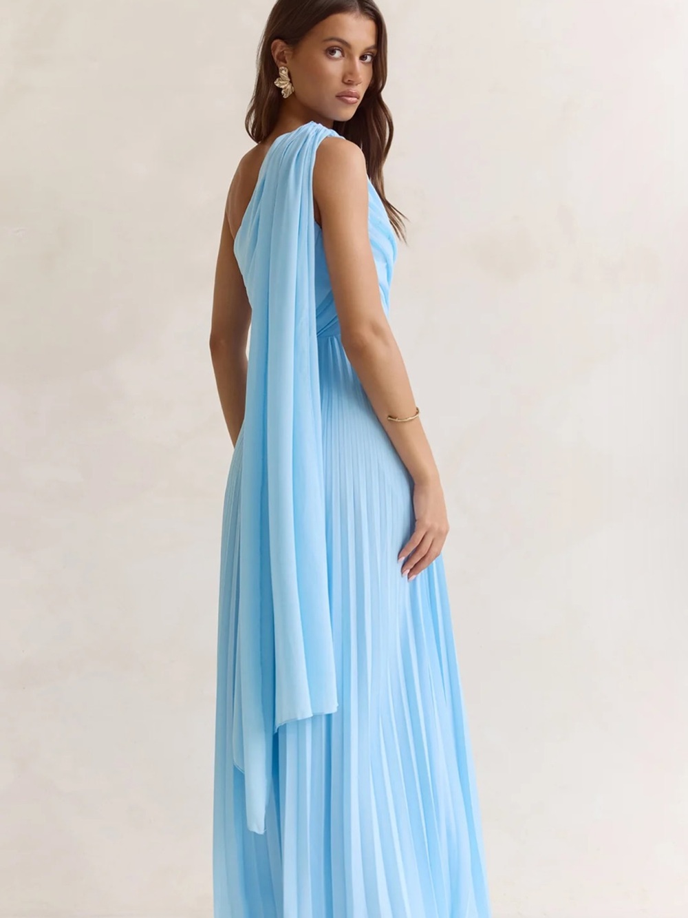 Sky Blue One-Shoulder Pleated Maxi Dress